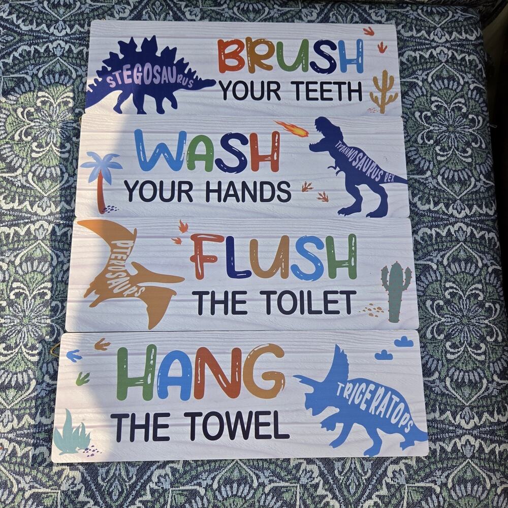 4 Pcs Watercolor Dinosaur Bathroom Wall Decor Bathroom Rules Wooden Hanging